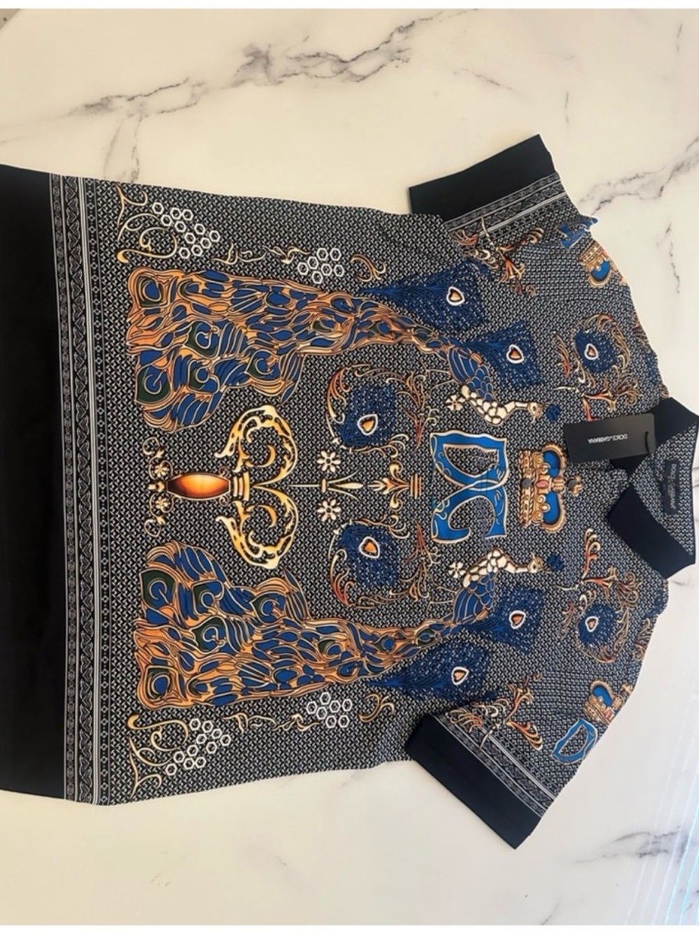 Dolce & Gabana  Navy Blue & Gold Baroque Print Polo